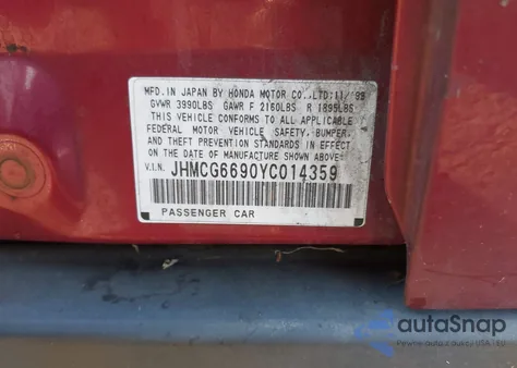 2000 Honda Accord 2.3 Se из США, поврежденный, VIN JHMCG6690YC014359